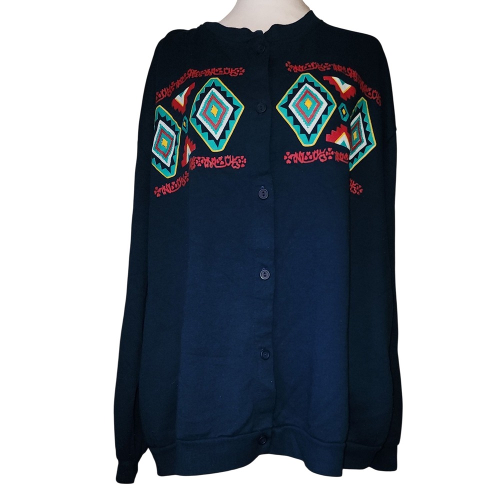 VTG 90's Blair Cardigan Sweater 3XL Navy Blue Embroidered Geometric Button Up